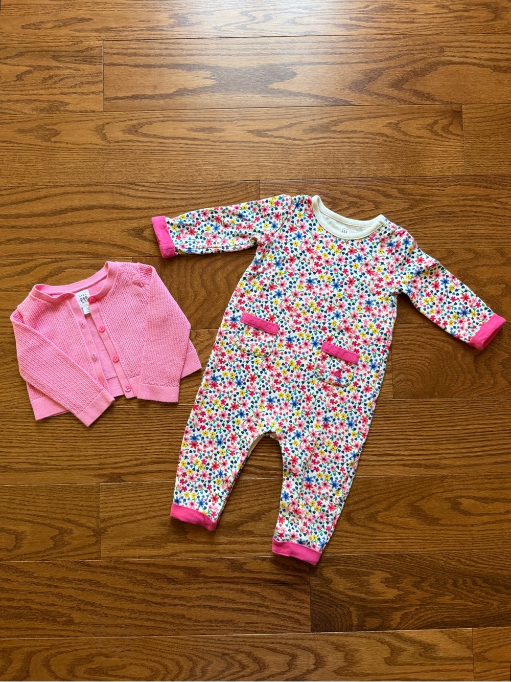 Baby Gap Bright Floral Pink-Trim Baby One-Piece with Pink Cardigan